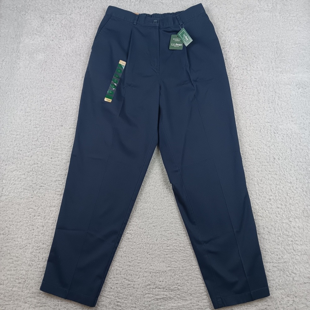 L.L.Bean Pleated Chino Pants Women 14 Reg Navy Wrinkle Free Cotton NWT 183650